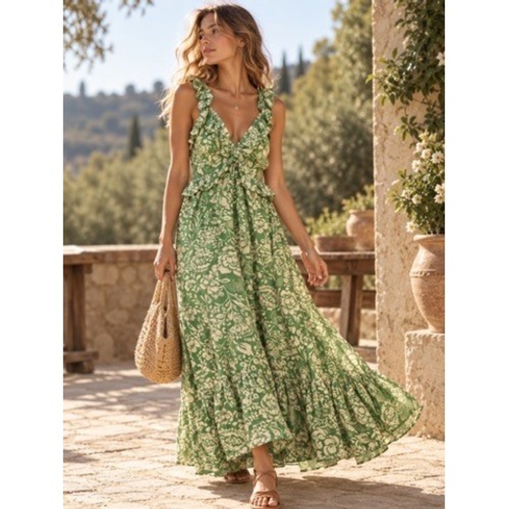 heartloom Green Floral Ruffle Tiered Maxi Dress Womens Small Smocked Back Boho